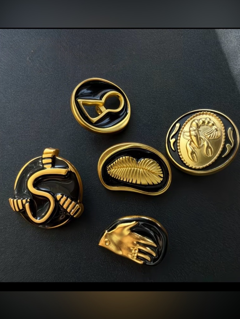 Schiaparelli Inspired Gold & Black Enamel Decorative Buttons - Set of 5